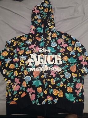 Disneys Alice In Wonderland Black Floral Zip Hoodie with Teal and Yellow Accents